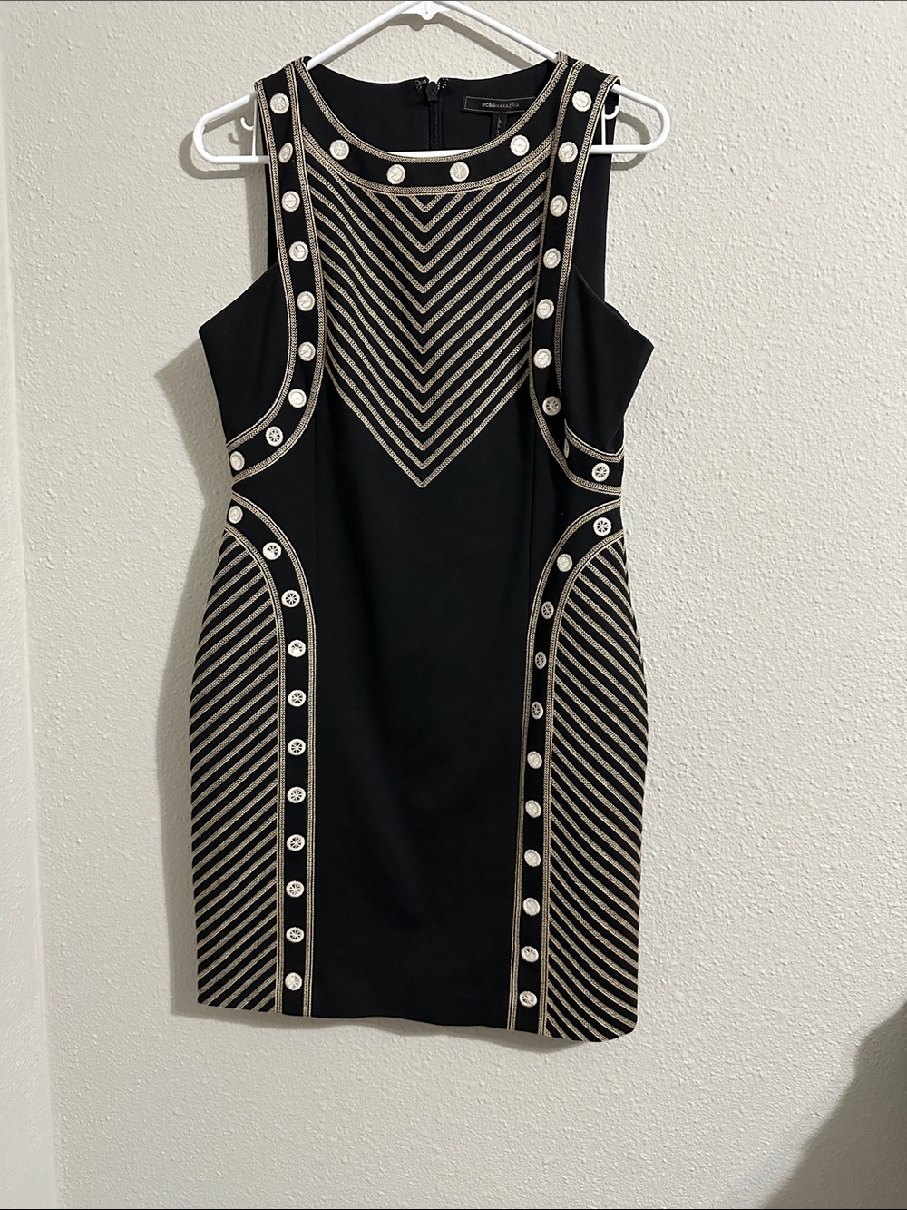 BCBGMaxAzria Black Mini Dress with Gold Chevron Detailing